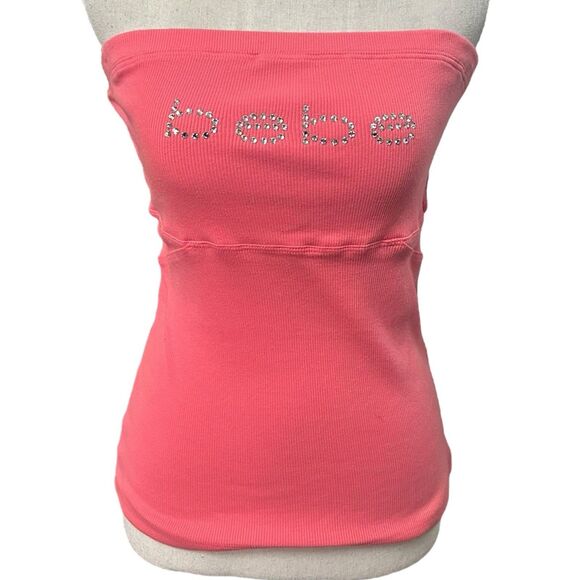 Vtg Y2K Bebe Rhinestone Logo Tube Top Pink Ribbed Knit Strapless Tank Made USA L - Picture 1 of 8